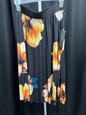 Black Pleated Midi Skirt with Yellow & Blue Floral Accents